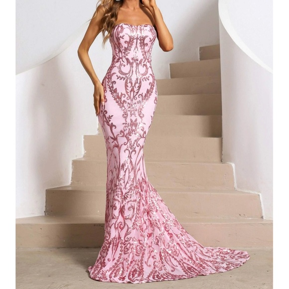 Luxe Pink Sequin Strapless Evening Prom Formal Wedding Dress - Picture 1 of 6
